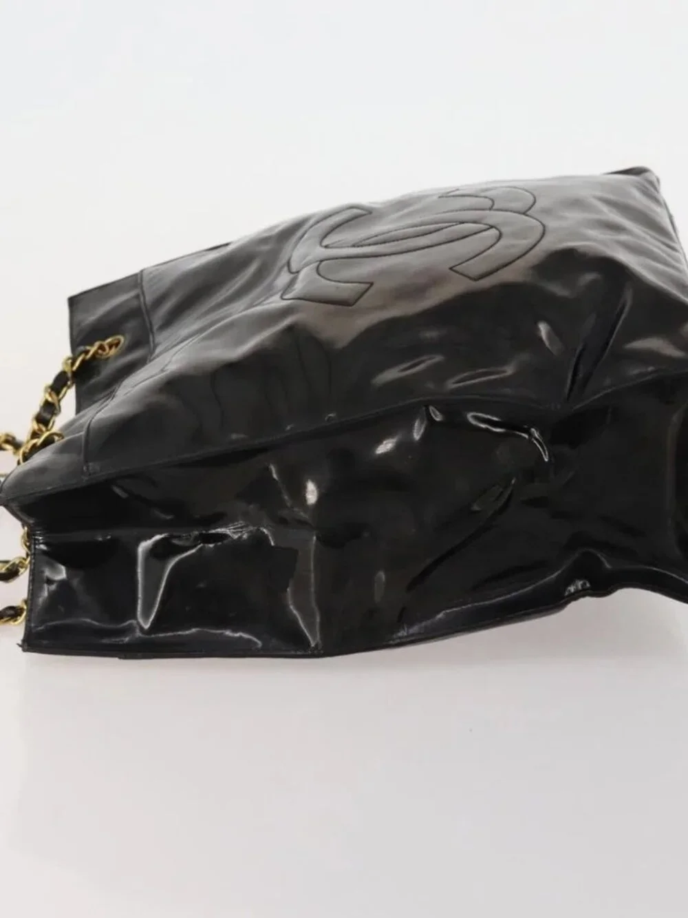 CHANEL Chain Tote Bag Patent Leather Black Gold CC Auth bs34312